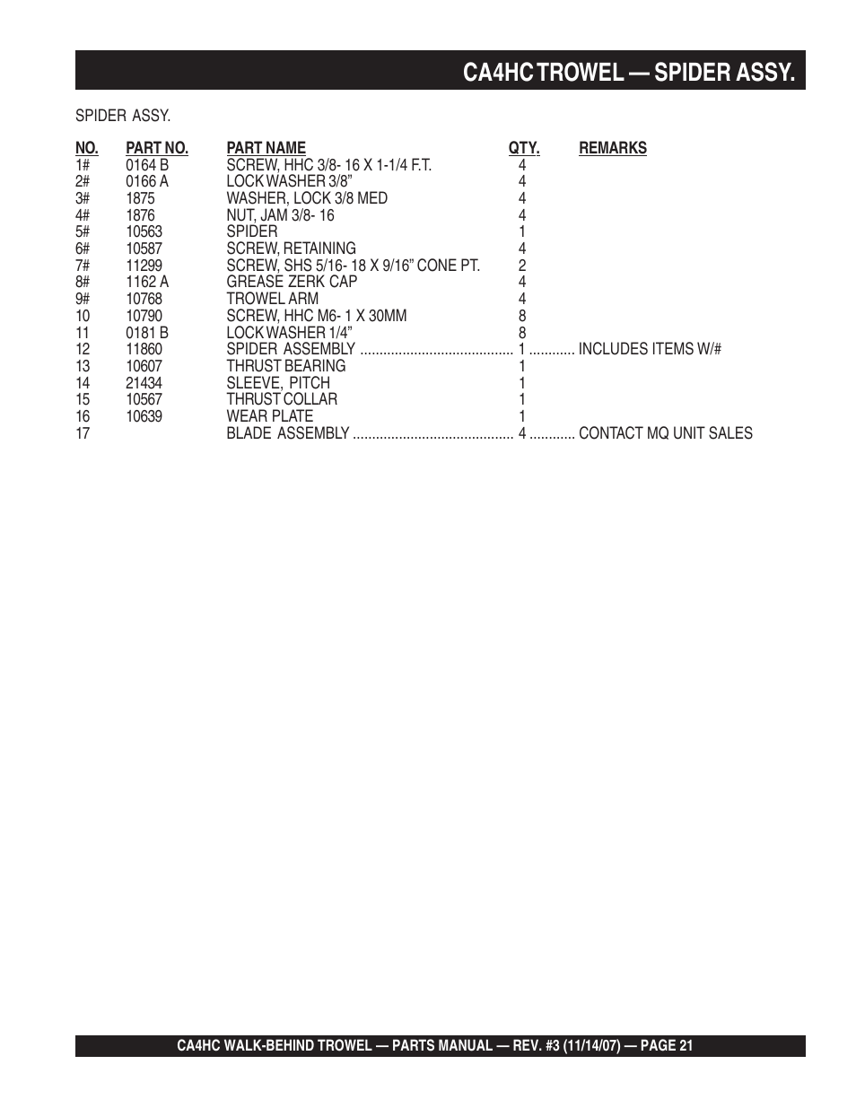 Ca4hc trowel — spider assy | Multiquip CA4HC User Manual | Page 21 / 60