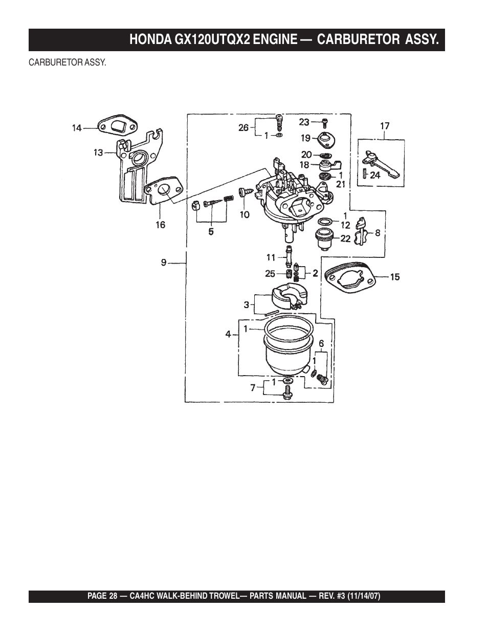 Honda gx120utqx2 engine — carburetor assy | Multiquip CA4HC User Manual | Page 28 / 60
