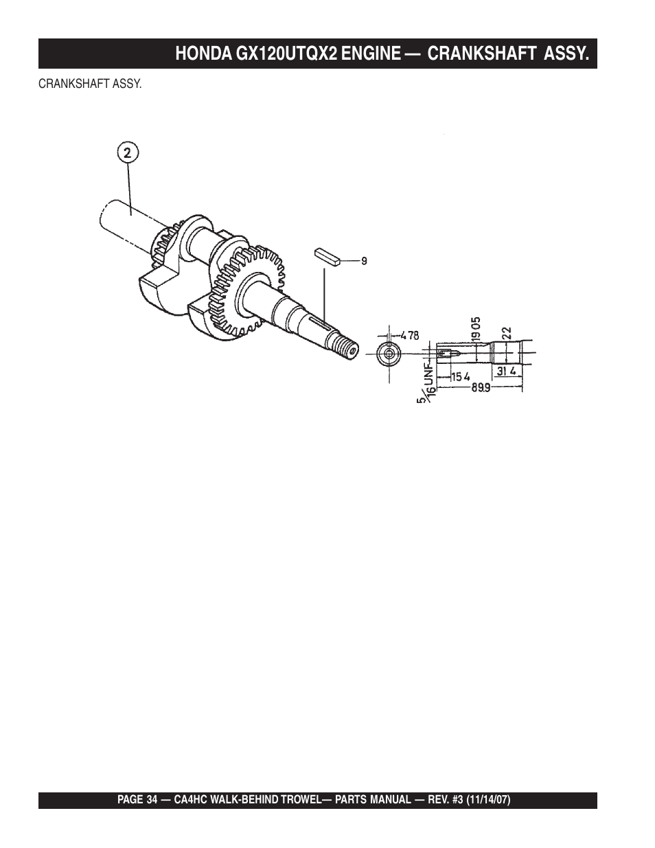 Honda gx120utqx2 engine — crankshaft assy | Multiquip CA4HC User Manual | Page 34 / 60