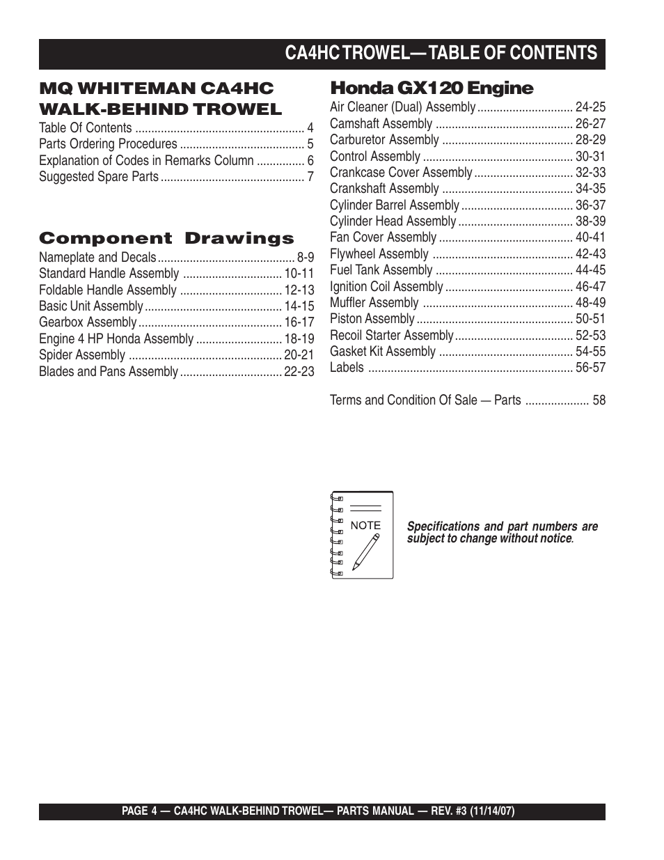 Ca4hc trowel— table of contents, Honda gx120 engine | Multiquip CA4HC User Manual | Page 4 / 60