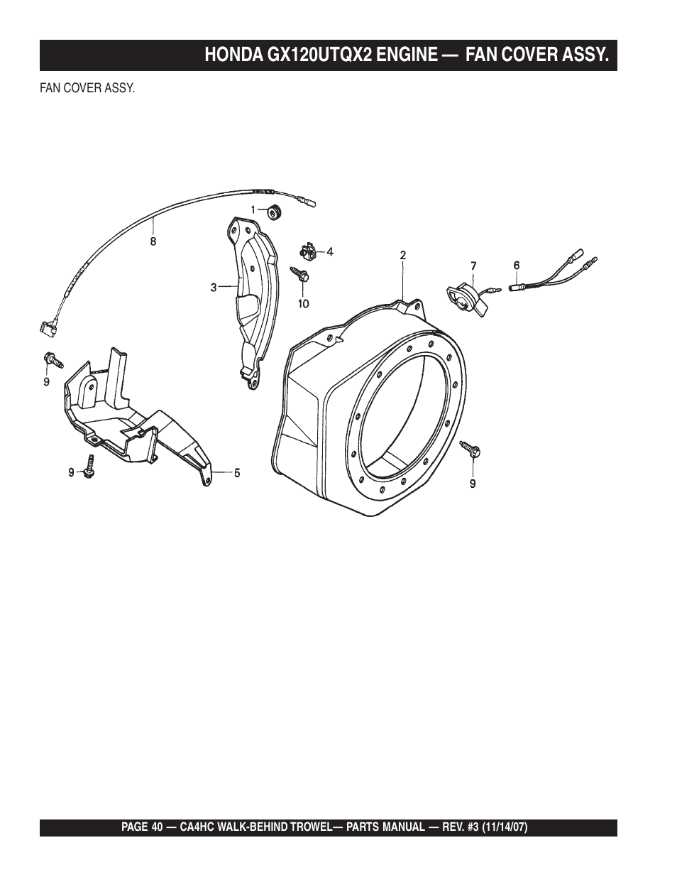 Honda gx120utqx2 engine — fan cover assy | Multiquip CA4HC User Manual | Page 40 / 60