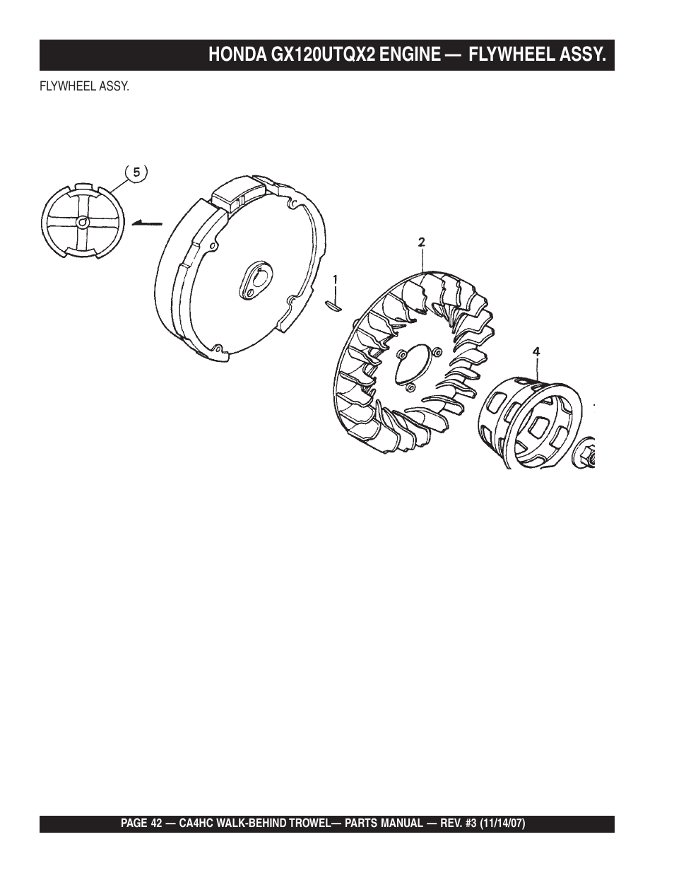 Honda gx120utqx2 engine — flywheel assy | Multiquip CA4HC User Manual | Page 42 / 60
