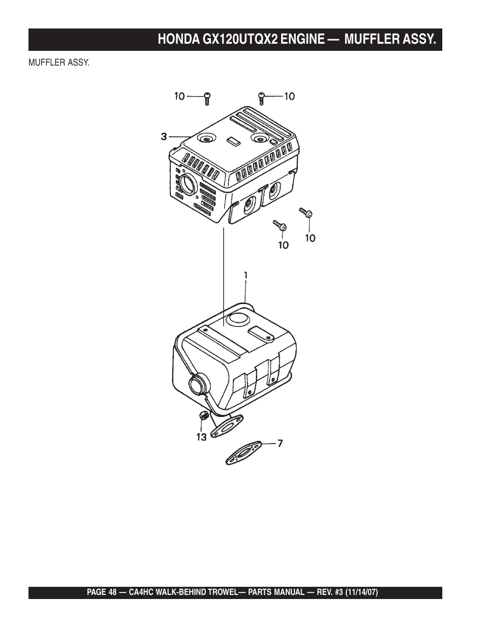 Honda gx120utqx2 engine — muffler assy | Multiquip CA4HC User Manual | Page 48 / 60
