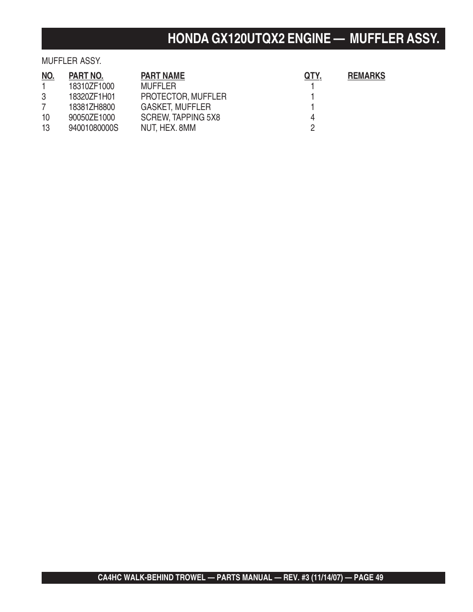 Honda gx120utqx2 engine — muffler assy | Multiquip CA4HC User Manual | Page 49 / 60
