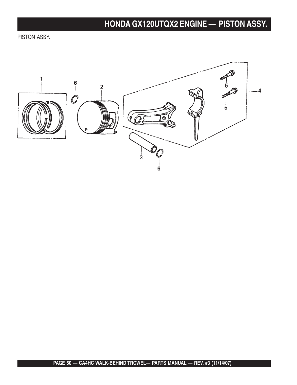 Honda gx120utqx2 engine — piston assy | Multiquip CA4HC User Manual | Page 50 / 60