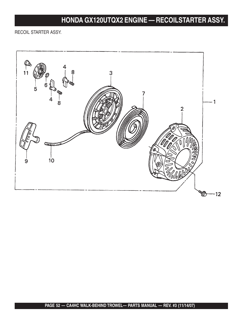Honda gx120utqx2 engine — recoilstarter assy | Multiquip CA4HC User Manual | Page 52 / 60