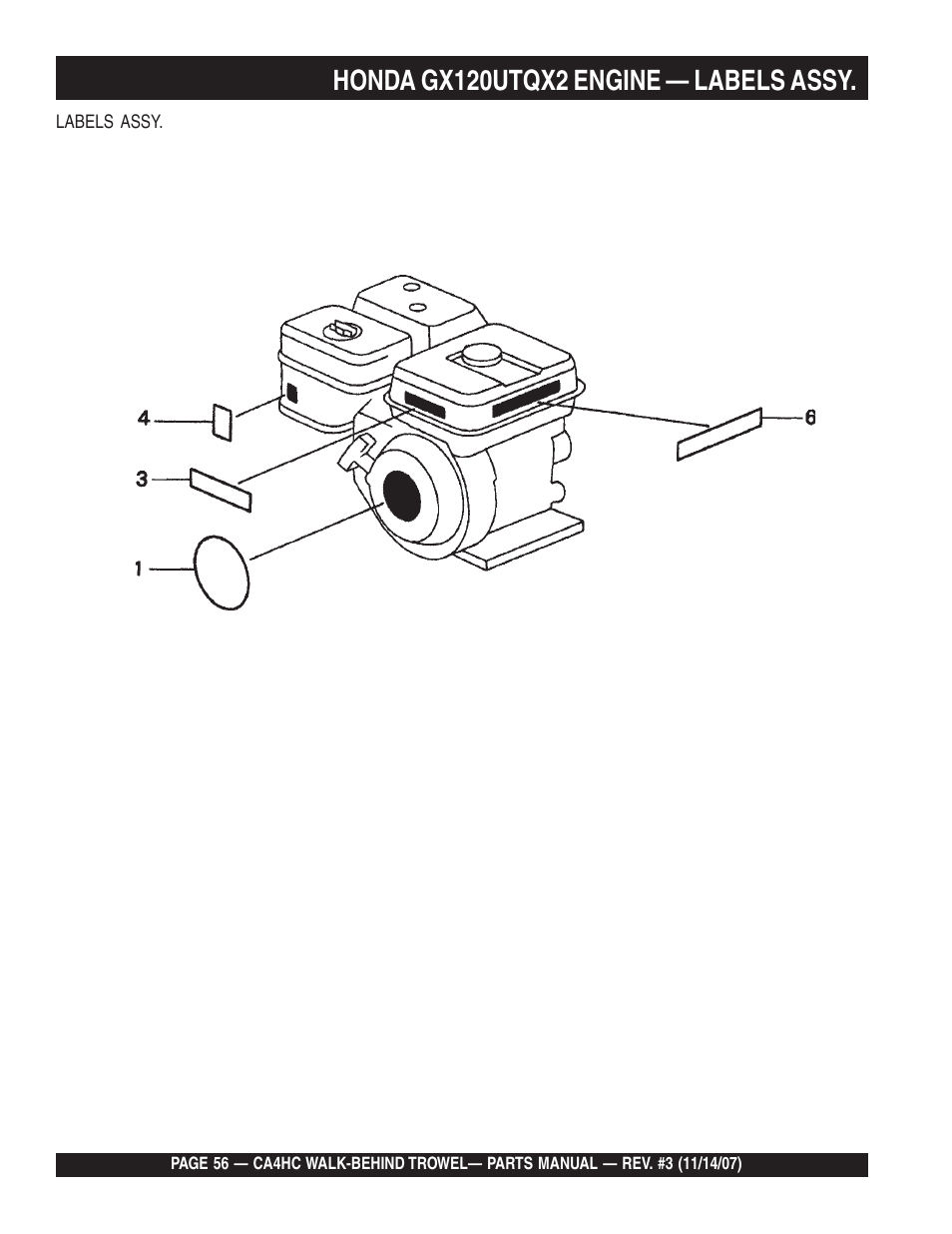Honda gx120utqx2 engine — labels assy | Multiquip CA4HC User Manual | Page 56 / 60