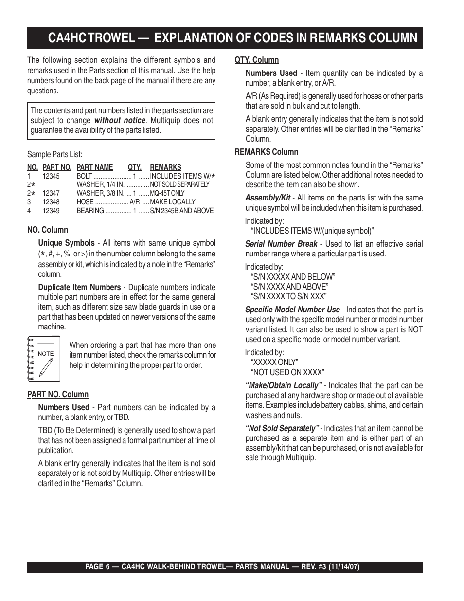 Ca4hc trowel, Explanation of codes in remarks column | Multiquip CA4HC User Manual | Page 6 / 60