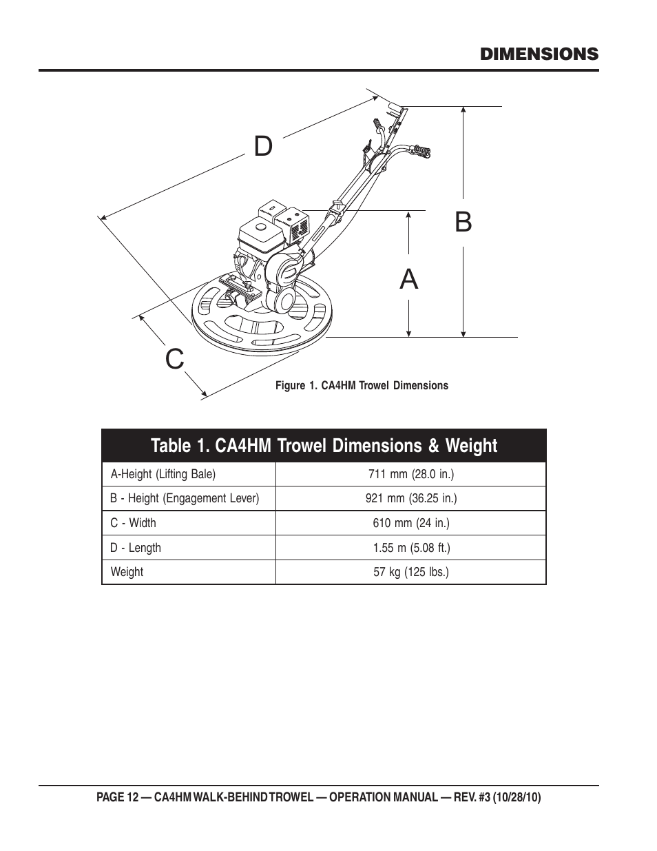 Da b c, Dimensions | Multiquip CA4HM User Manual | Page 12 / 36