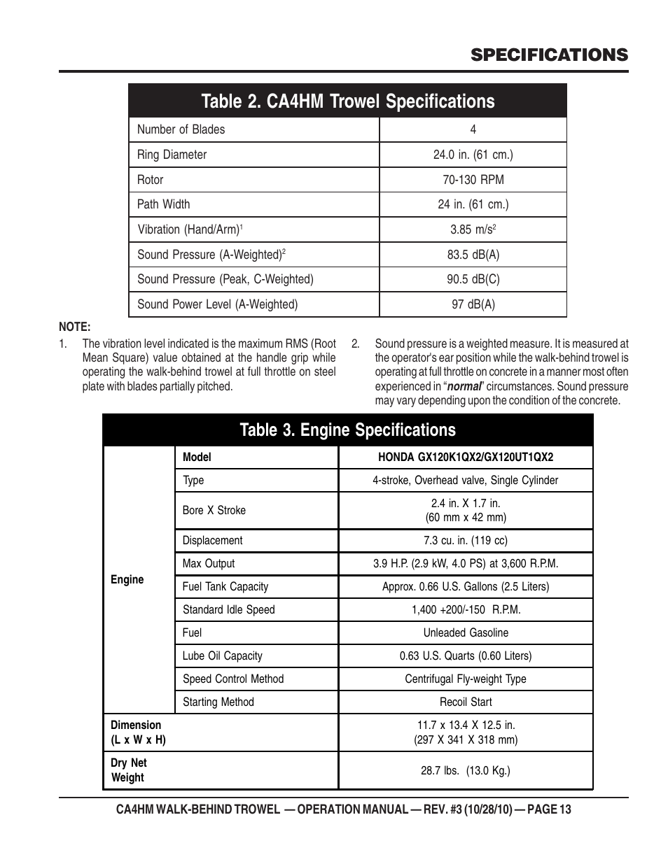 Table 3. engine specifications, Specifications | Multiquip CA4HM User Manual | Page 13 / 36