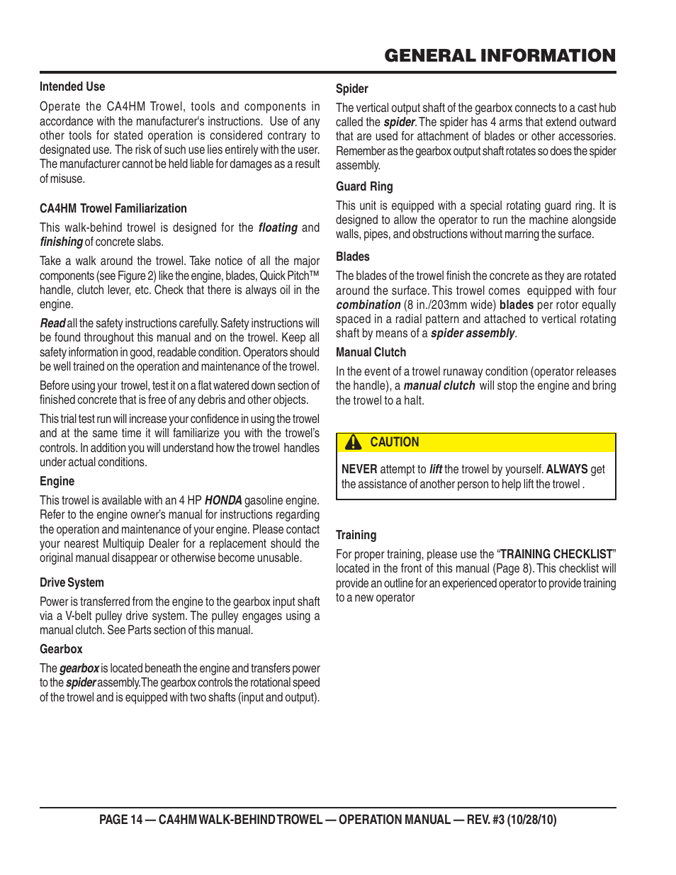 Caution, General information | Multiquip CA4HM User Manual | Page 14 / 36