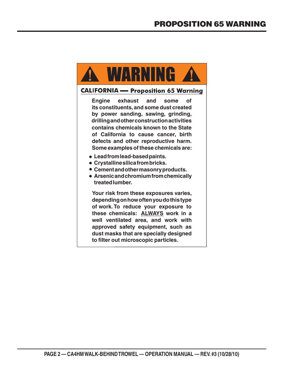 Proposition 65 warning | Multiquip CA4HM User Manual | Page 2 / 36