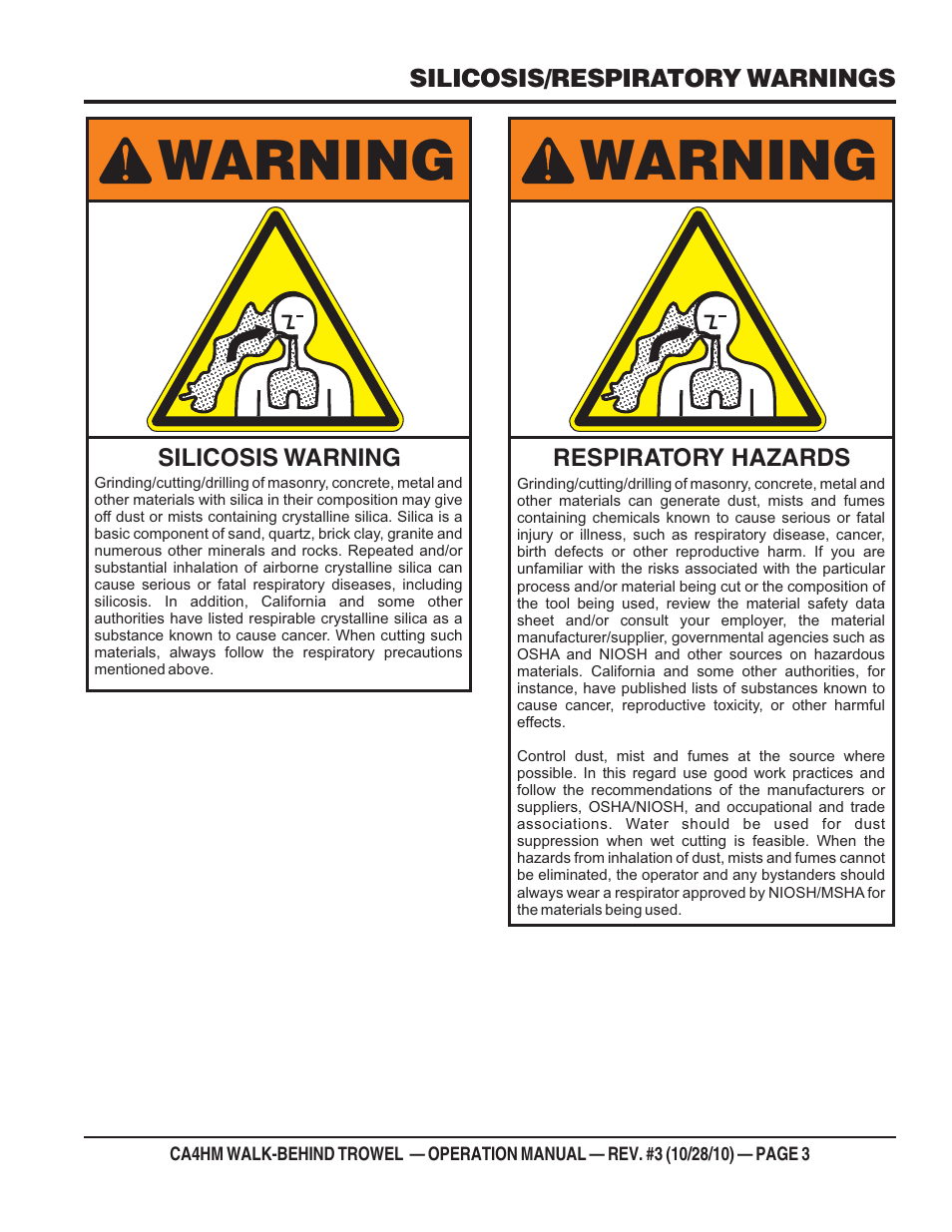 Warning | Multiquip CA4HM User Manual | Page 3 / 36
