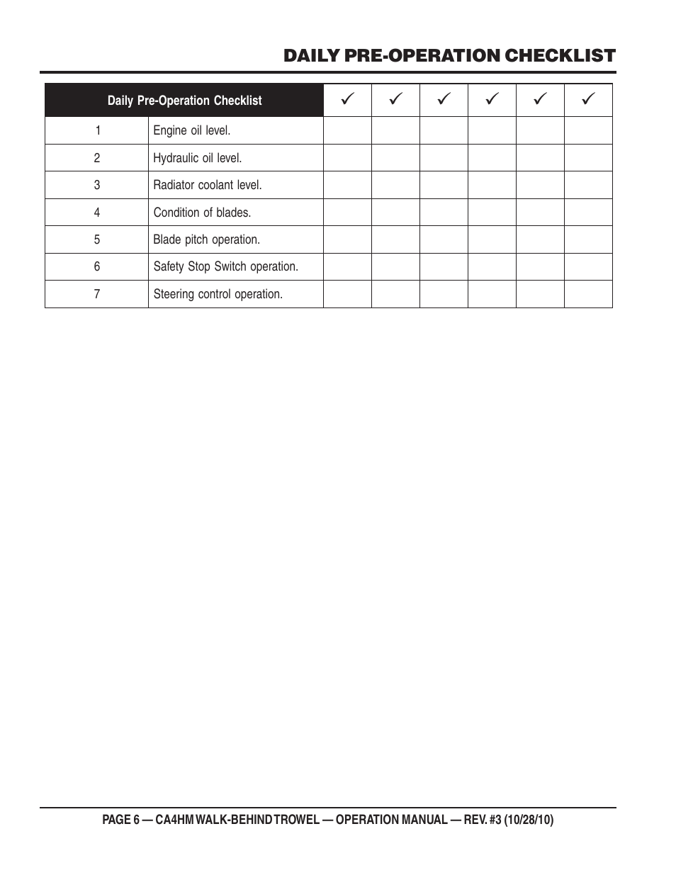 Daily pre-operation checklist | Multiquip CA4HM User Manual | Page 6 / 36