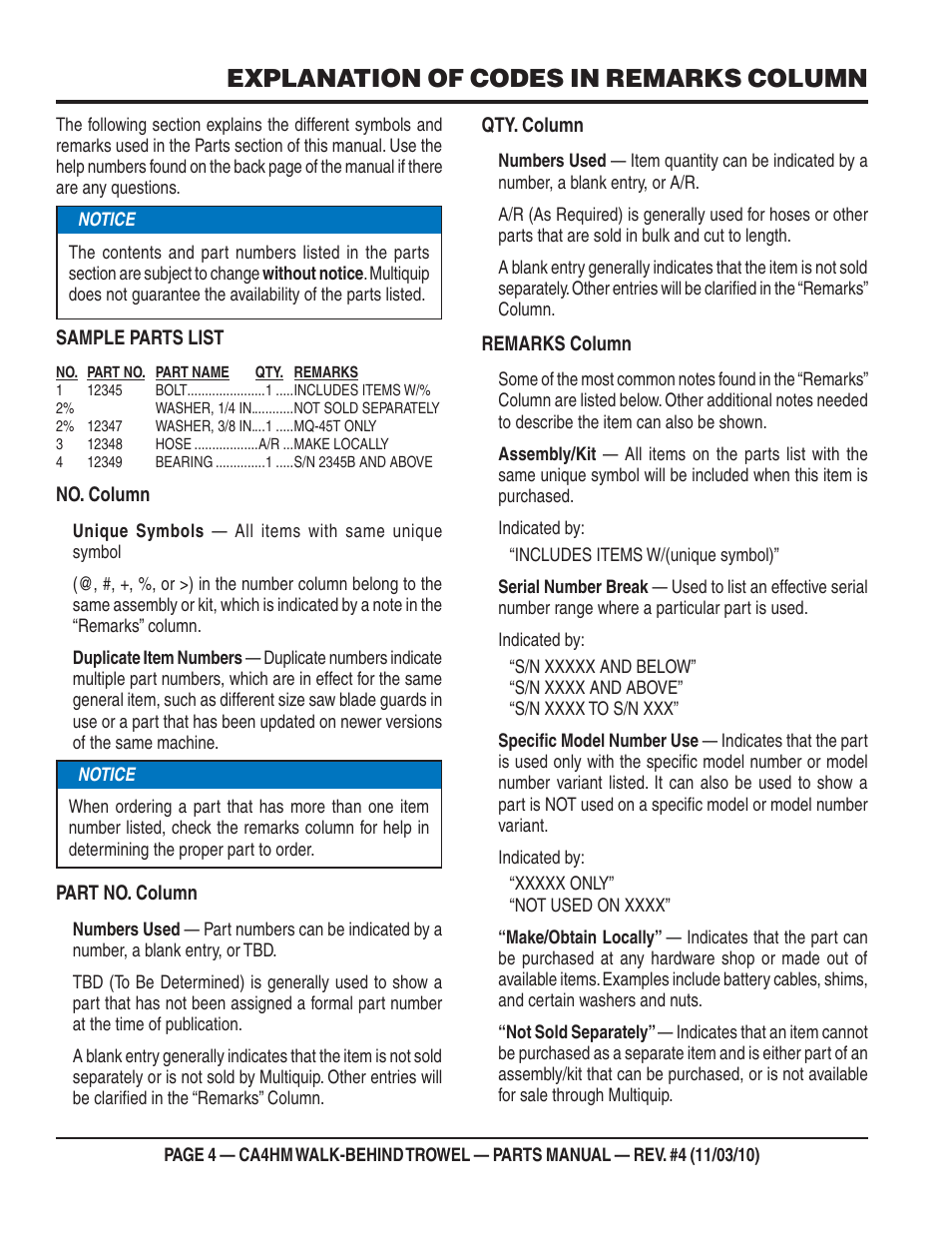 Explanation of codes in remarks column | Multiquip CA4HM User Manual | Page 4 / 58