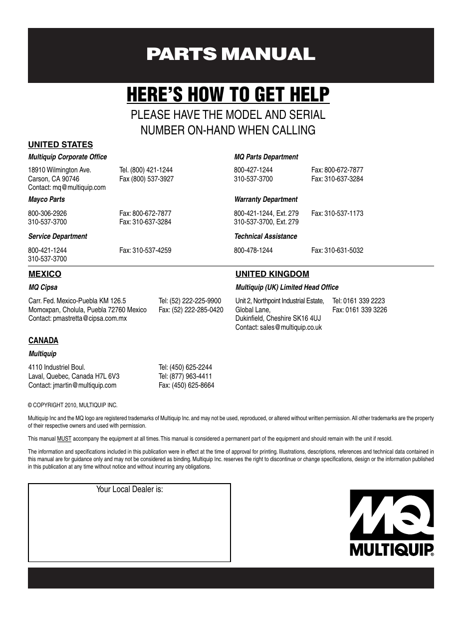 Here’s how to get help, Parts manual | Multiquip CA4HM User Manual | Page 58 / 58