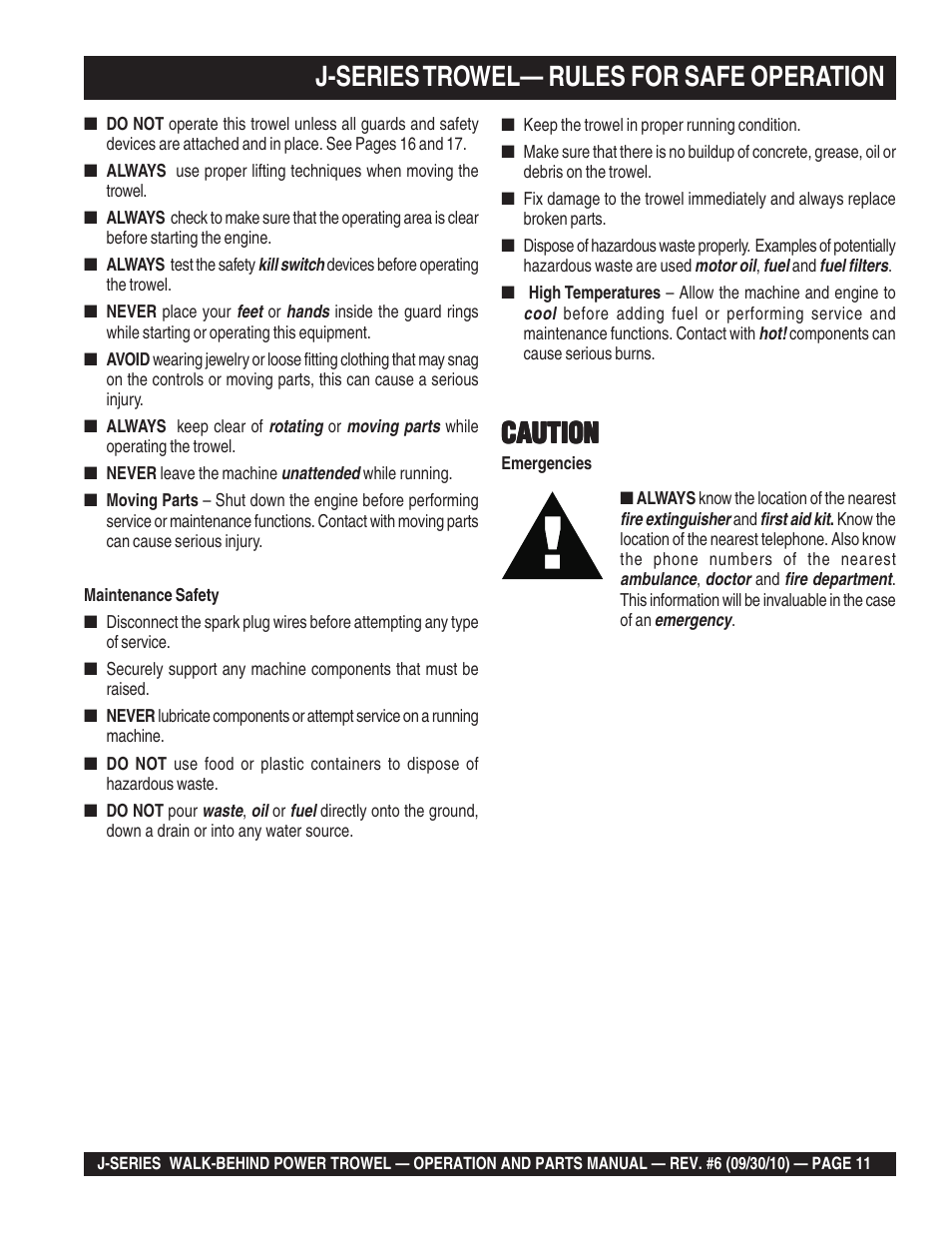 J-series trowel— rules for safe operation, Caution | Multiquip J-SERIES User Manual | Page 11 / 104