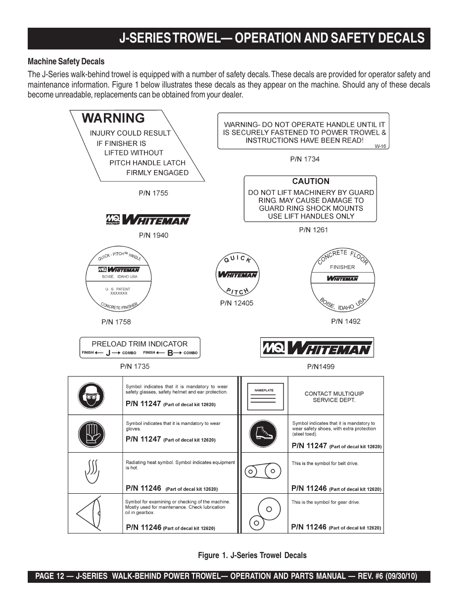 J-series trowel— operation and safety decals | Multiquip J-SERIES User Manual | Page 12 / 104