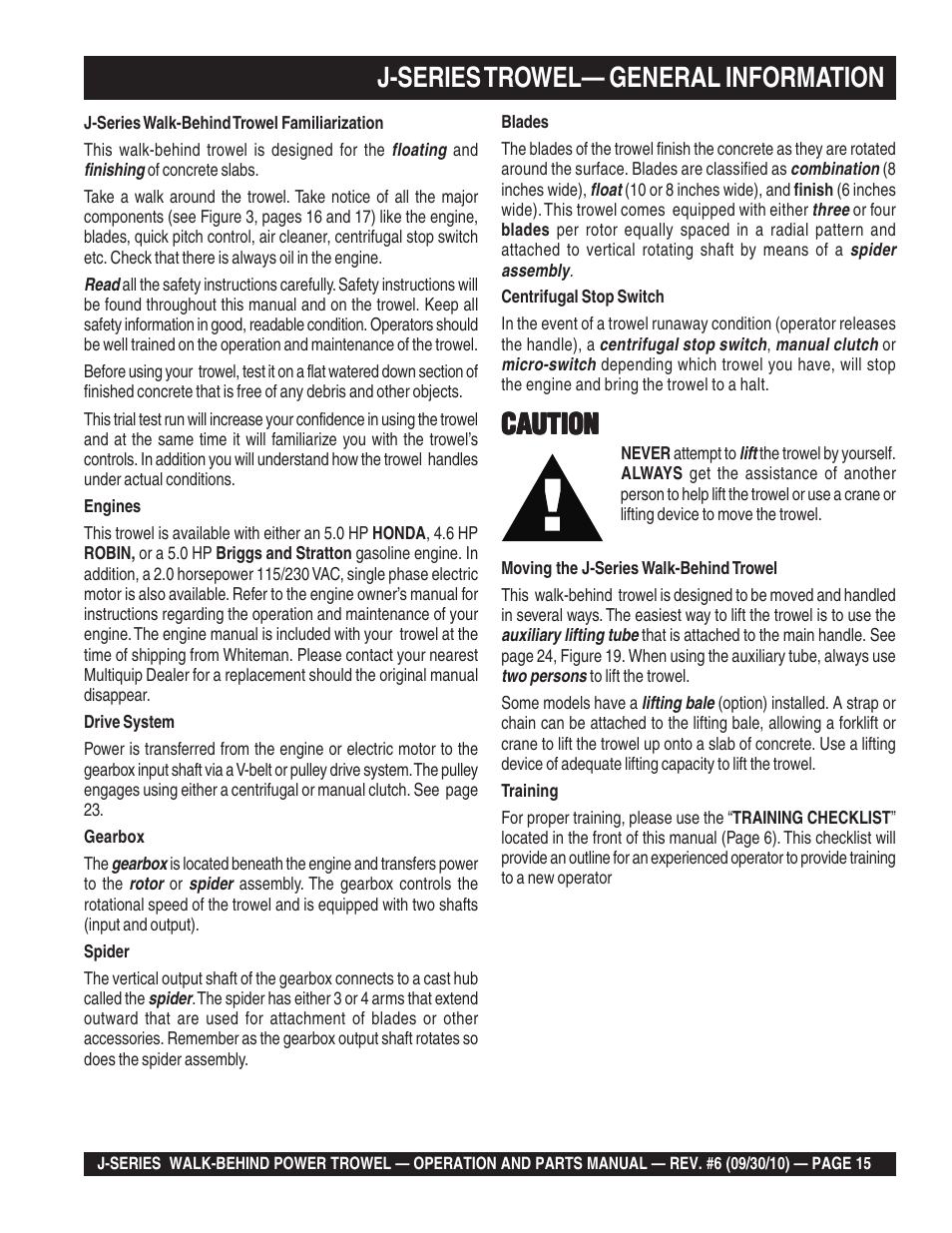 J-series trowel— general information, Caution | Multiquip J-SERIES User Manual | Page 15 / 104