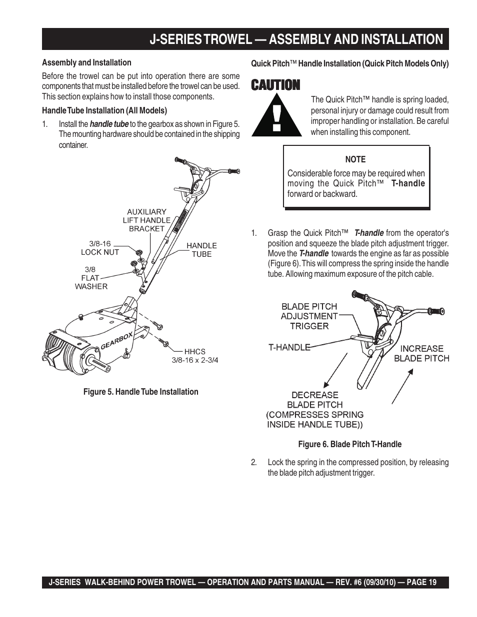 J-series trowel — assembly and installation, Caution | Multiquip J-SERIES User Manual | Page 19 / 104
