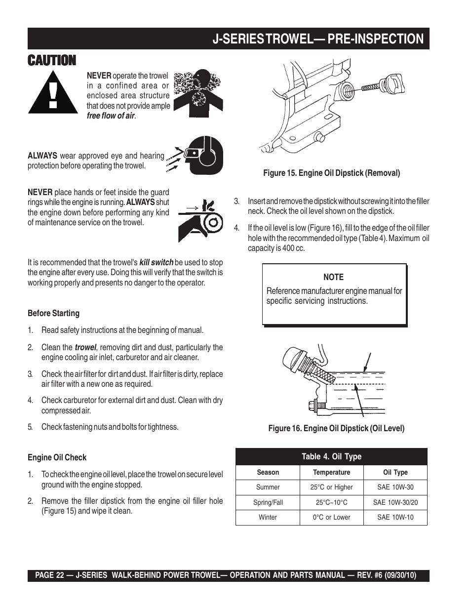 Caution, J-series trowel— pre-inspection | Multiquip J-SERIES User Manual | Page 22 / 104