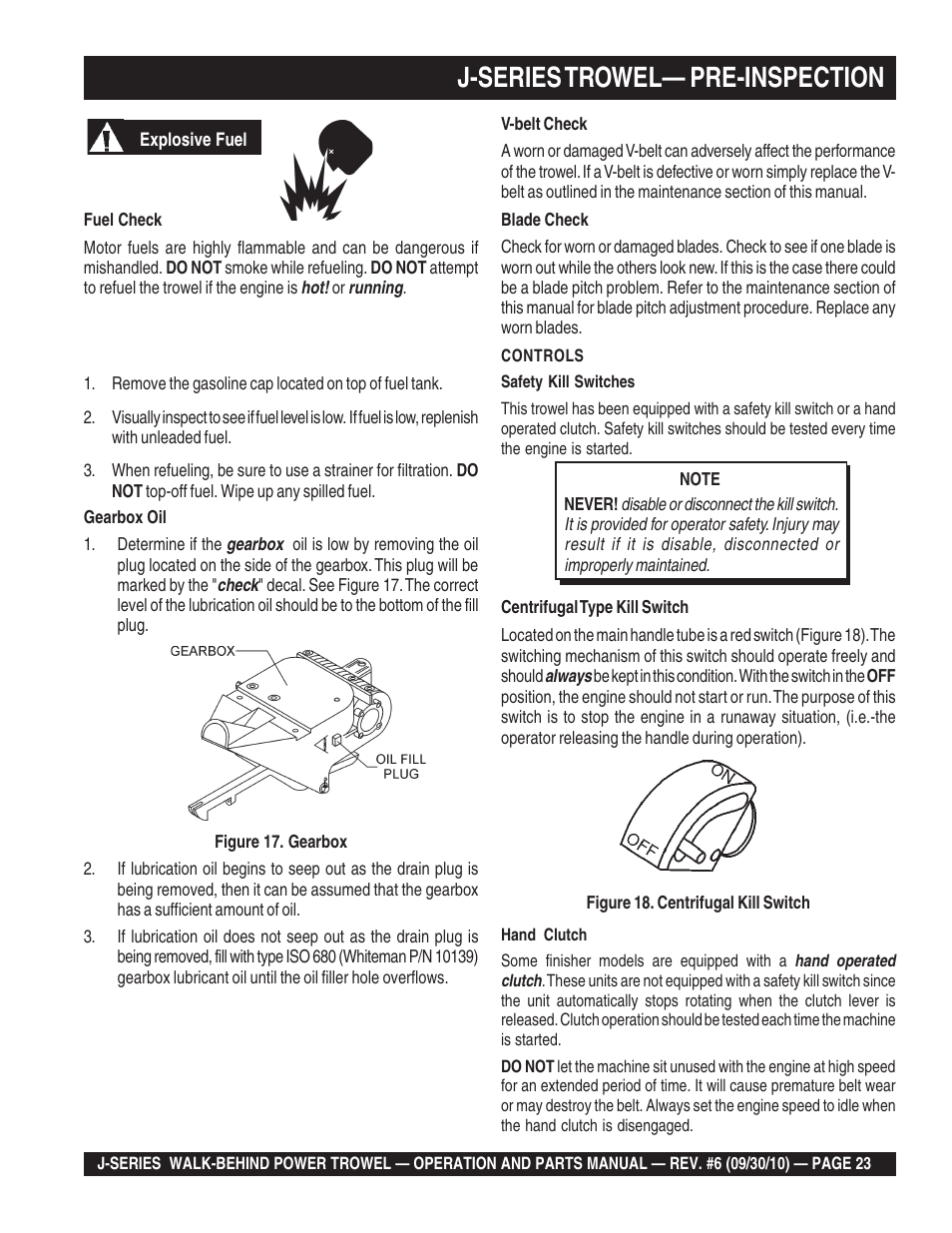 J-series trowel— pre-inspection | Multiquip J-SERIES User Manual | Page 23 / 104