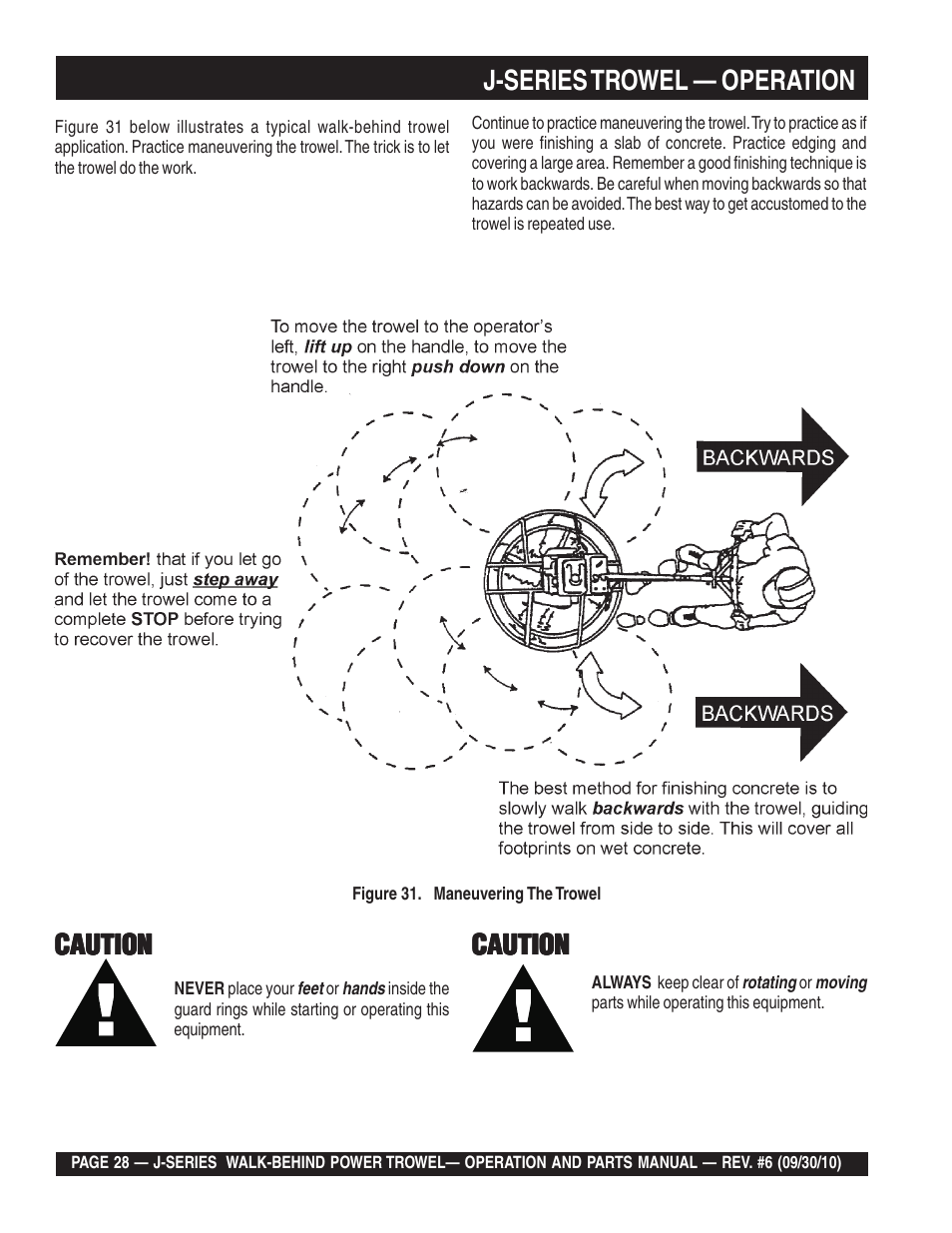 J-series trowel — operation, Caution | Multiquip J-SERIES User Manual | Page 28 / 104