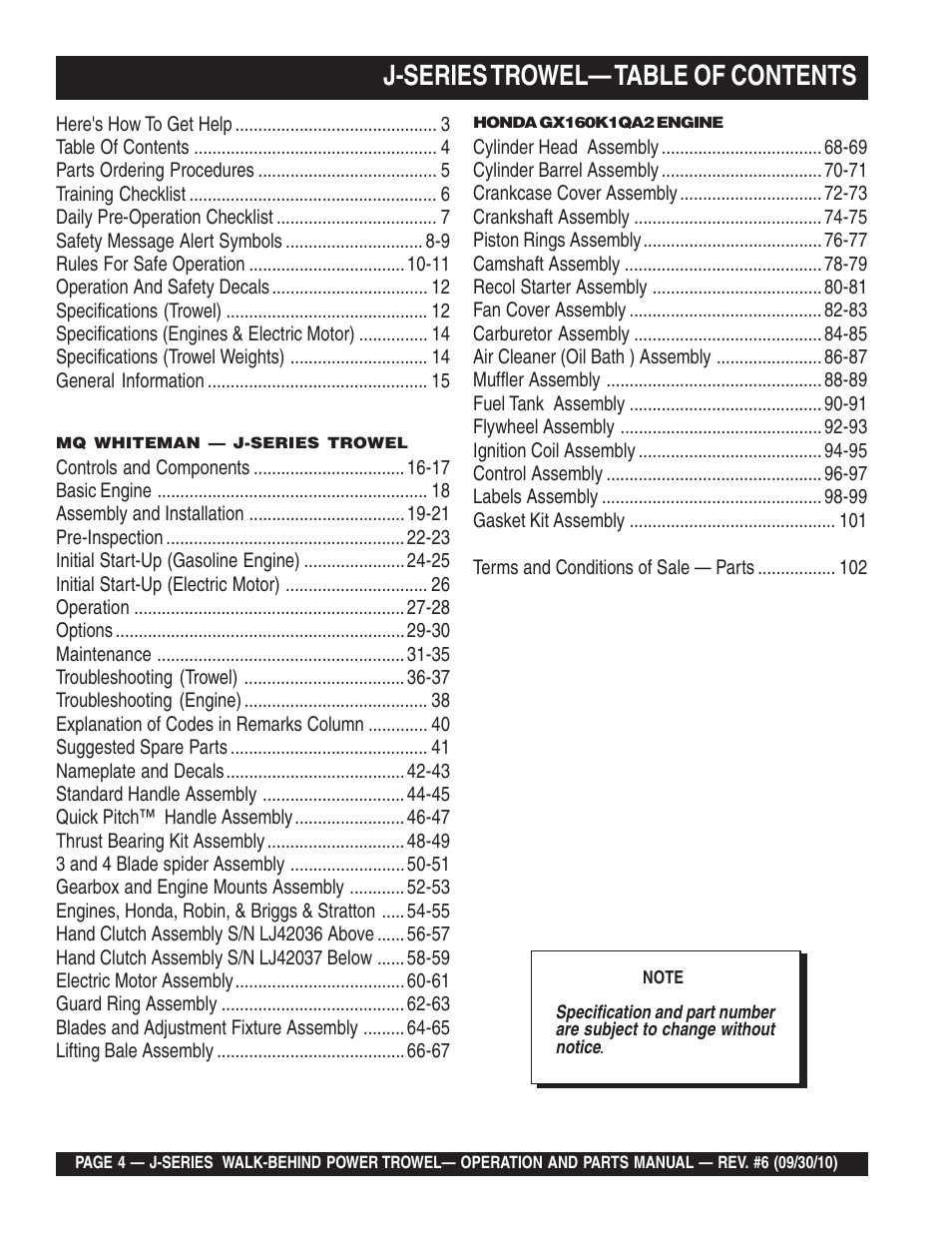 J-series trowel— table of contents | Multiquip J-SERIES User Manual | Page 4 / 104