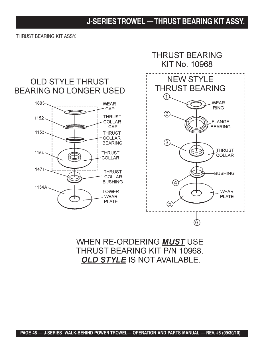J-series trowel — thrust bearing kit assy | Multiquip J-SERIES User Manual | Page 48 / 104