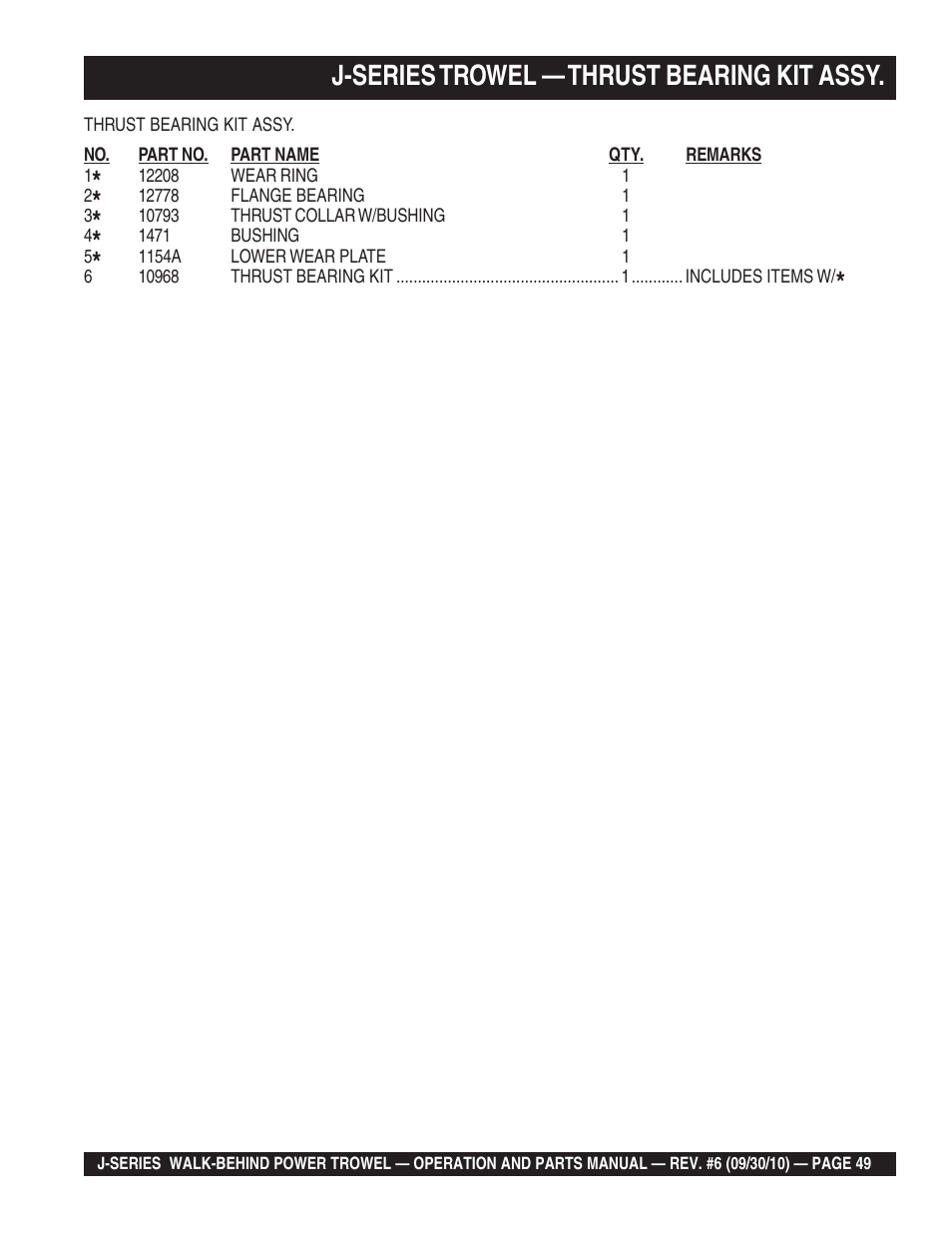 J-series trowel — thrust bearing kit assy | Multiquip J-SERIES User Manual | Page 49 / 104