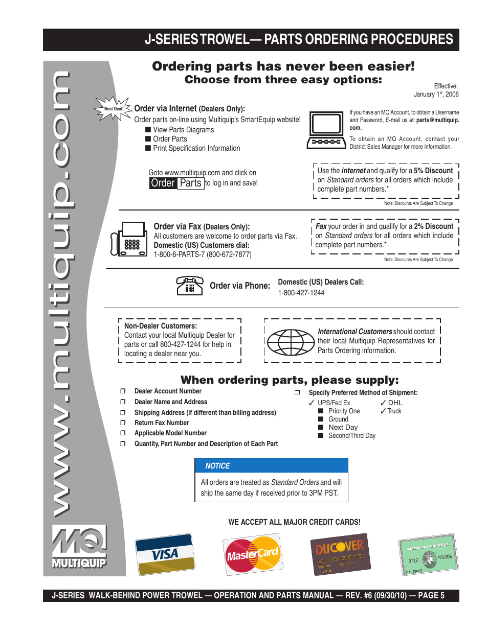 J-series trowel— parts ordering procedures, Ordering parts has never been easier, Choose from three easy options | When ordering parts, please supply, Order parts | Multiquip J-SERIES User Manual | Page 5 / 104