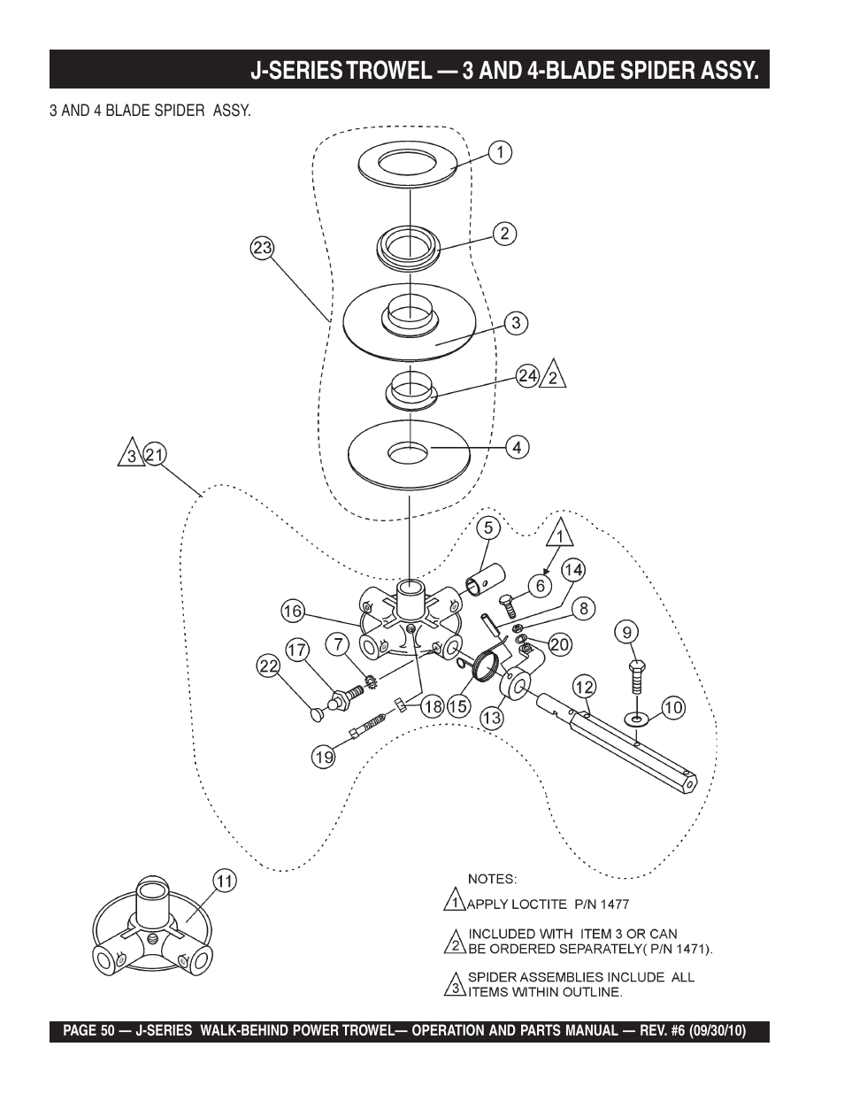 J-series trowel — 3 and 4-blade spider assy | Multiquip J-SERIES User Manual | Page 50 / 104