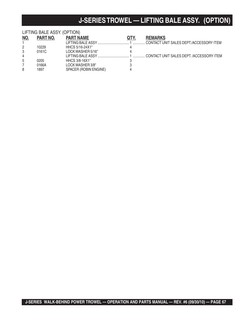 J-series trowel — lifting bale assy. (option) | Multiquip J-SERIES User Manual | Page 67 / 104