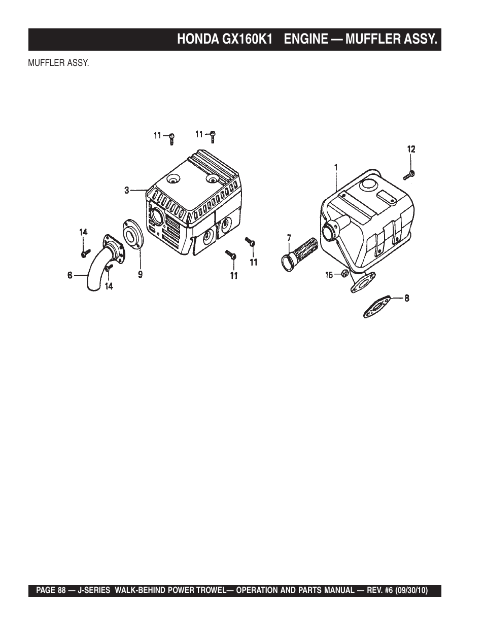 Honda gx160k1 engine — muffler assy | Multiquip J-SERIES User Manual | Page 88 / 104