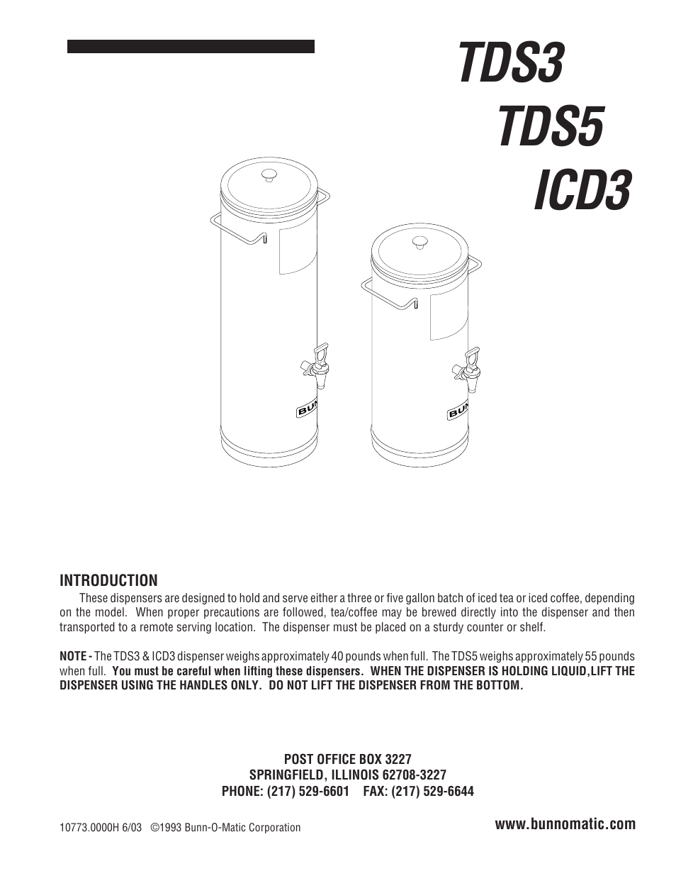 Bunn TDS5 User Manual | 3 pages