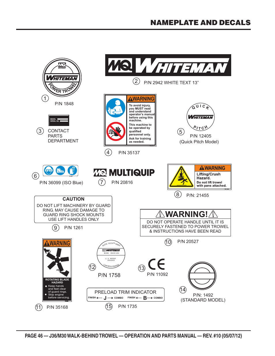 Nameplate and decals, Warning, P/n 1758 | Multiquip M30H55 User Manual | Page 46 / 70