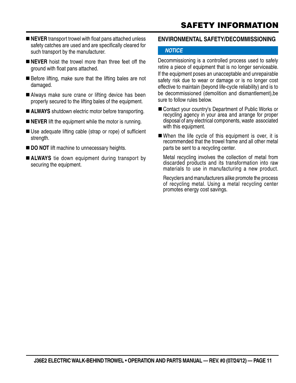 Safety information | Multiquip J36E2 User Manual | Page 11 / 54
