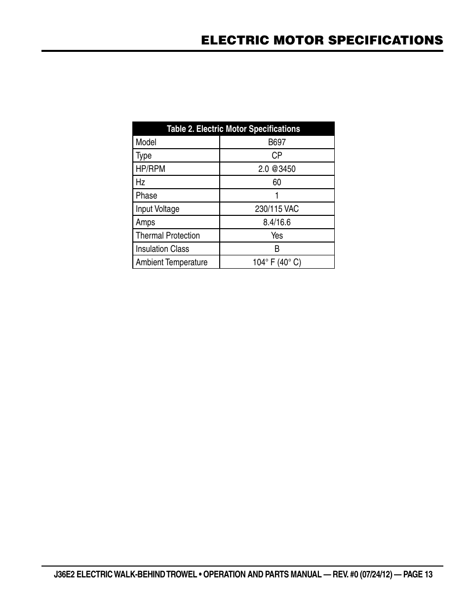 Electric motor specifications | Multiquip J36E2 User Manual | Page 13 / 54