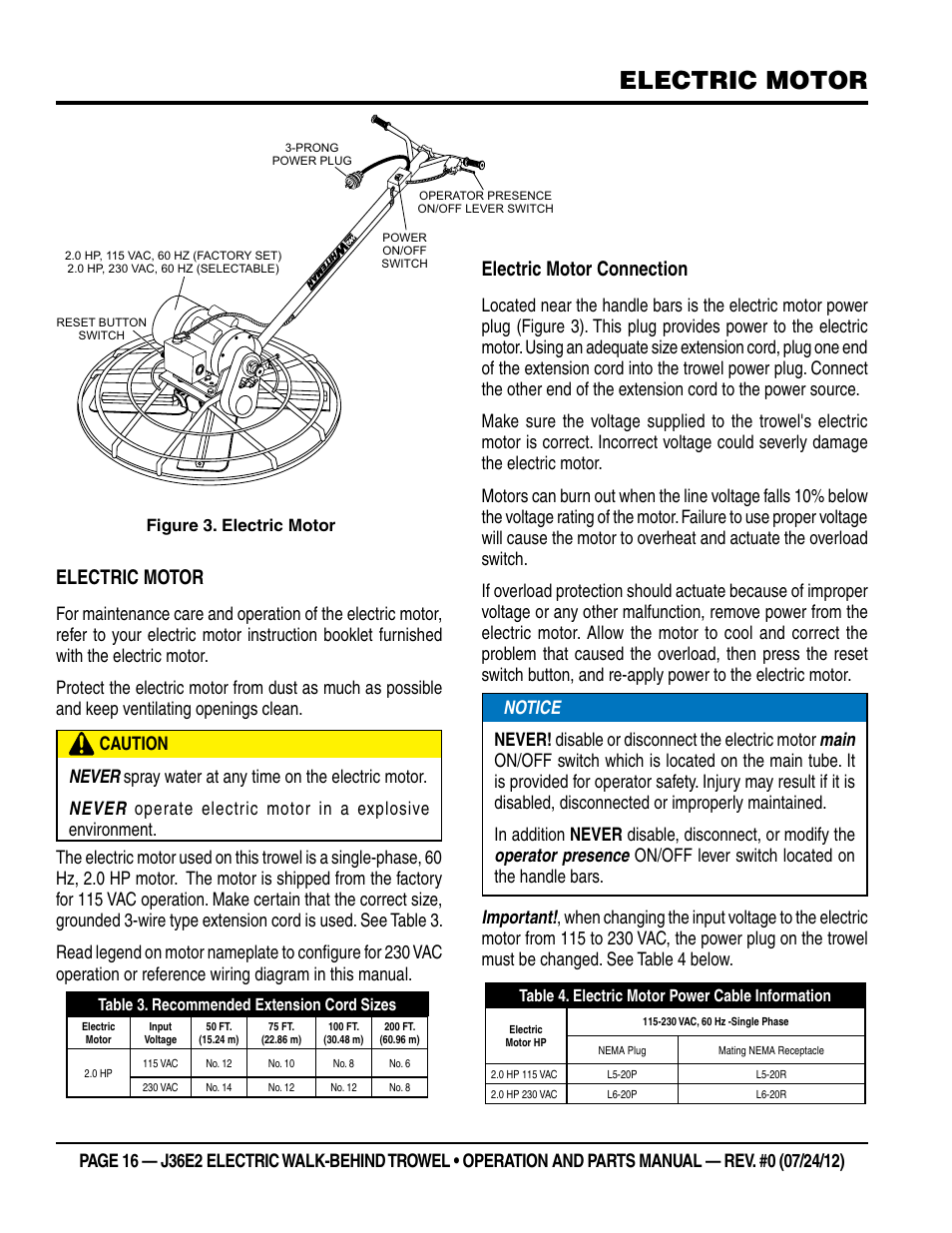 Electric motor, Electric motor connection | Multiquip J36E2 User Manual | Page 16 / 54