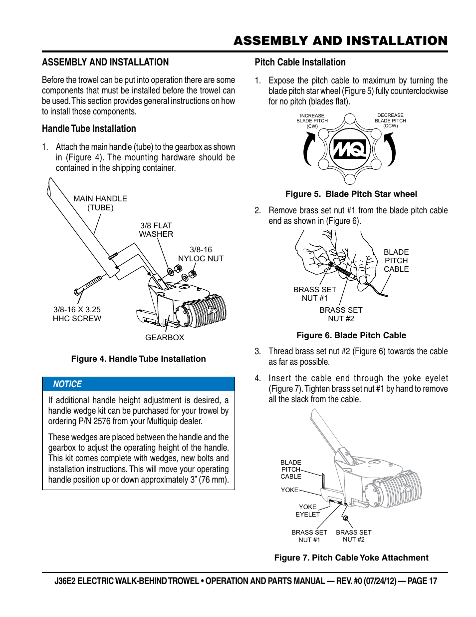 Assembly and installation, Handle tube installation, Pitch cable installation | Multiquip J36E2 User Manual | Page 17 / 54