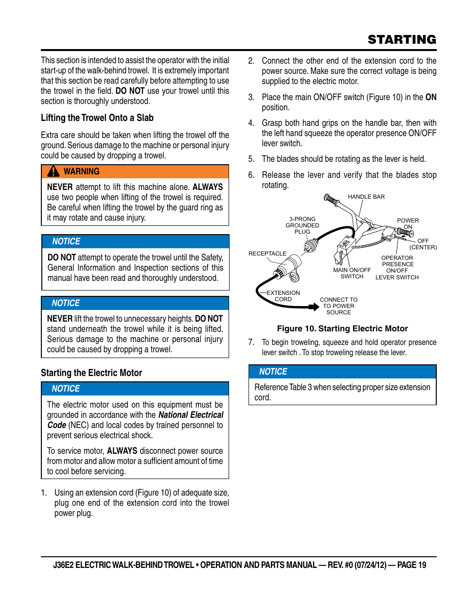 Starting, Lifting the trowel onto a slab, Starting the electric motor | Multiquip J36E2 User Manual | Page 19 / 54