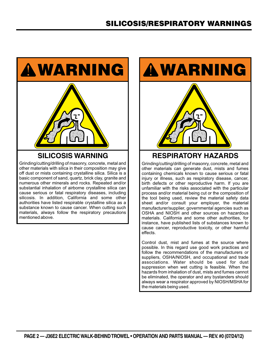 Warning | Multiquip J36E2 User Manual | Page 2 / 54