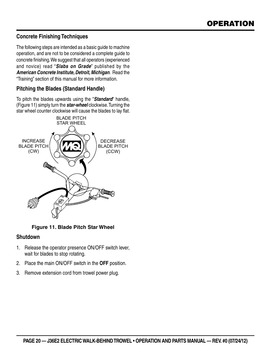 Operation, Concrete finishing techniques, Pitching the blades (standard handle) | Shutdown | Multiquip J36E2 User Manual | Page 20 / 54