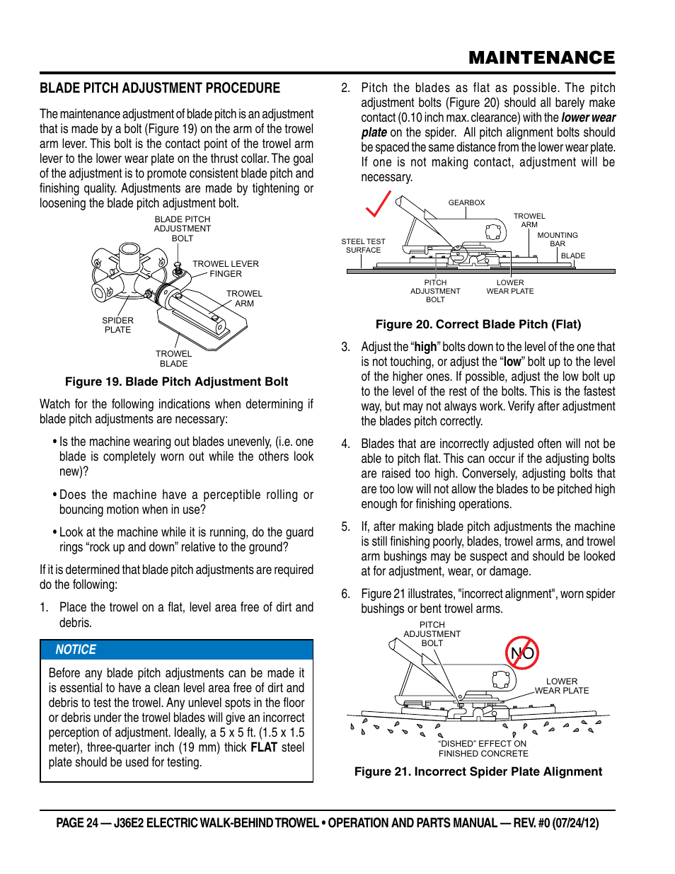 Maintenance, Blade pitch adjustment procedure | Multiquip J36E2 User Manual | Page 24 / 54