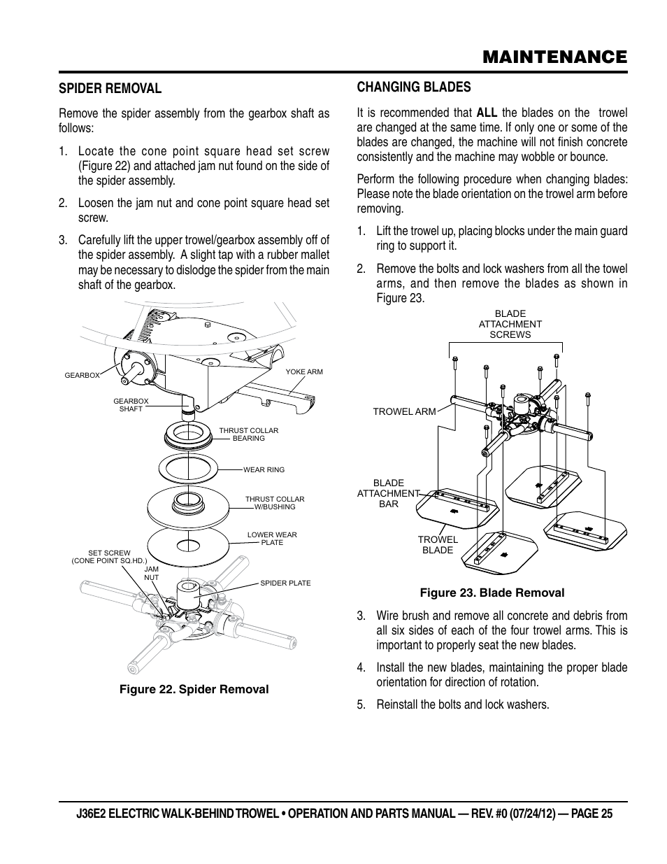 Maintenance, Spider removal, Changing blades | Multiquip J36E2 User Manual | Page 25 / 54