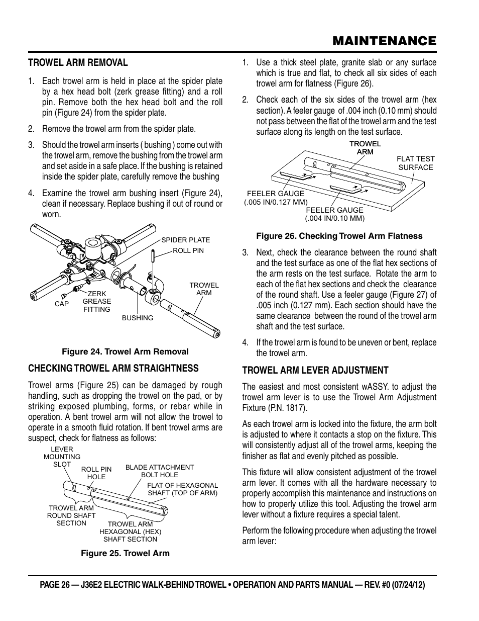 Maintenance, Trowel arm removal, Checking trowel arm straightness | Trowel arm lever adjustment | Multiquip J36E2 User Manual | Page 26 / 54