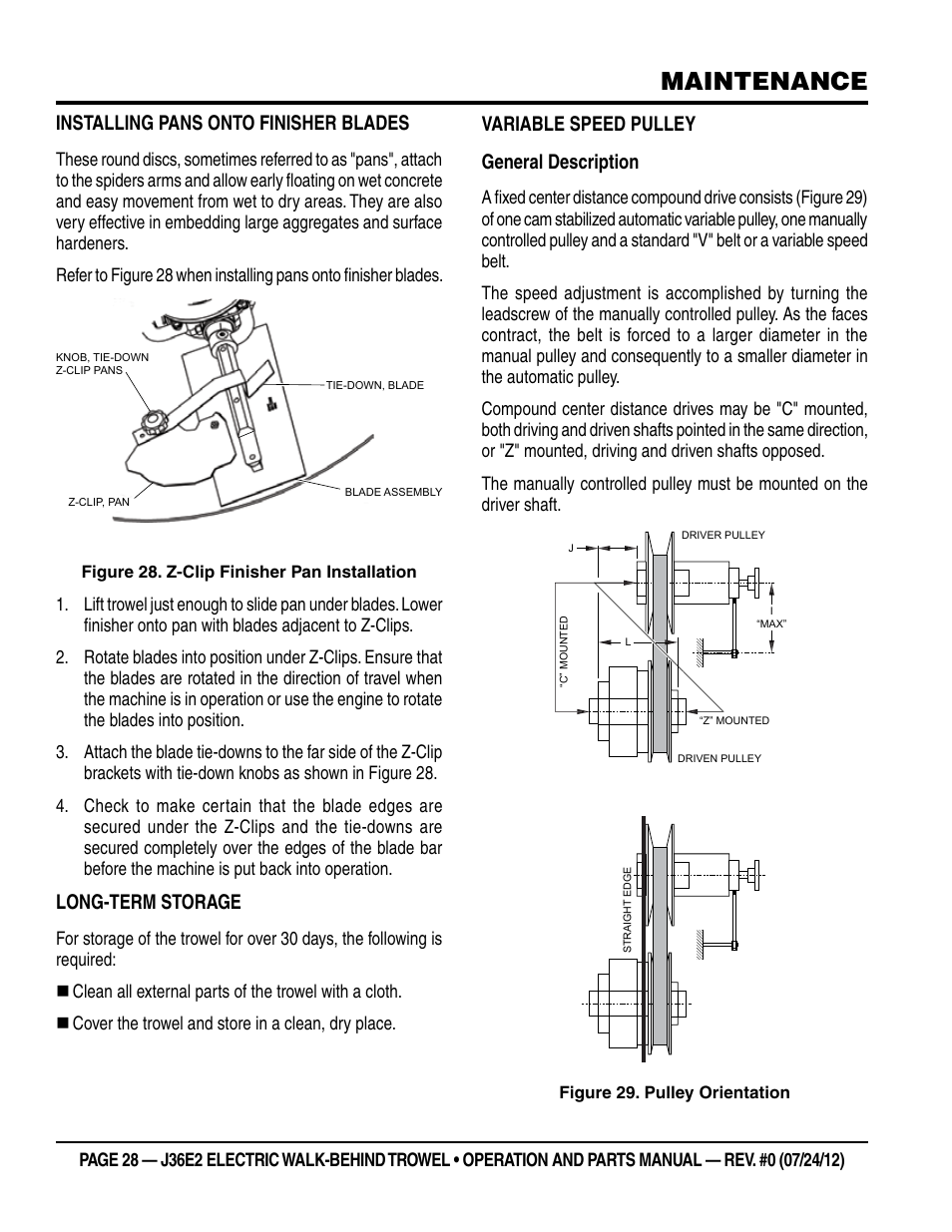 Maintenance, Installing pans onto finisher blades, Long-term storage | Variable speed pulley general description | Multiquip J36E2 User Manual | Page 28 / 54