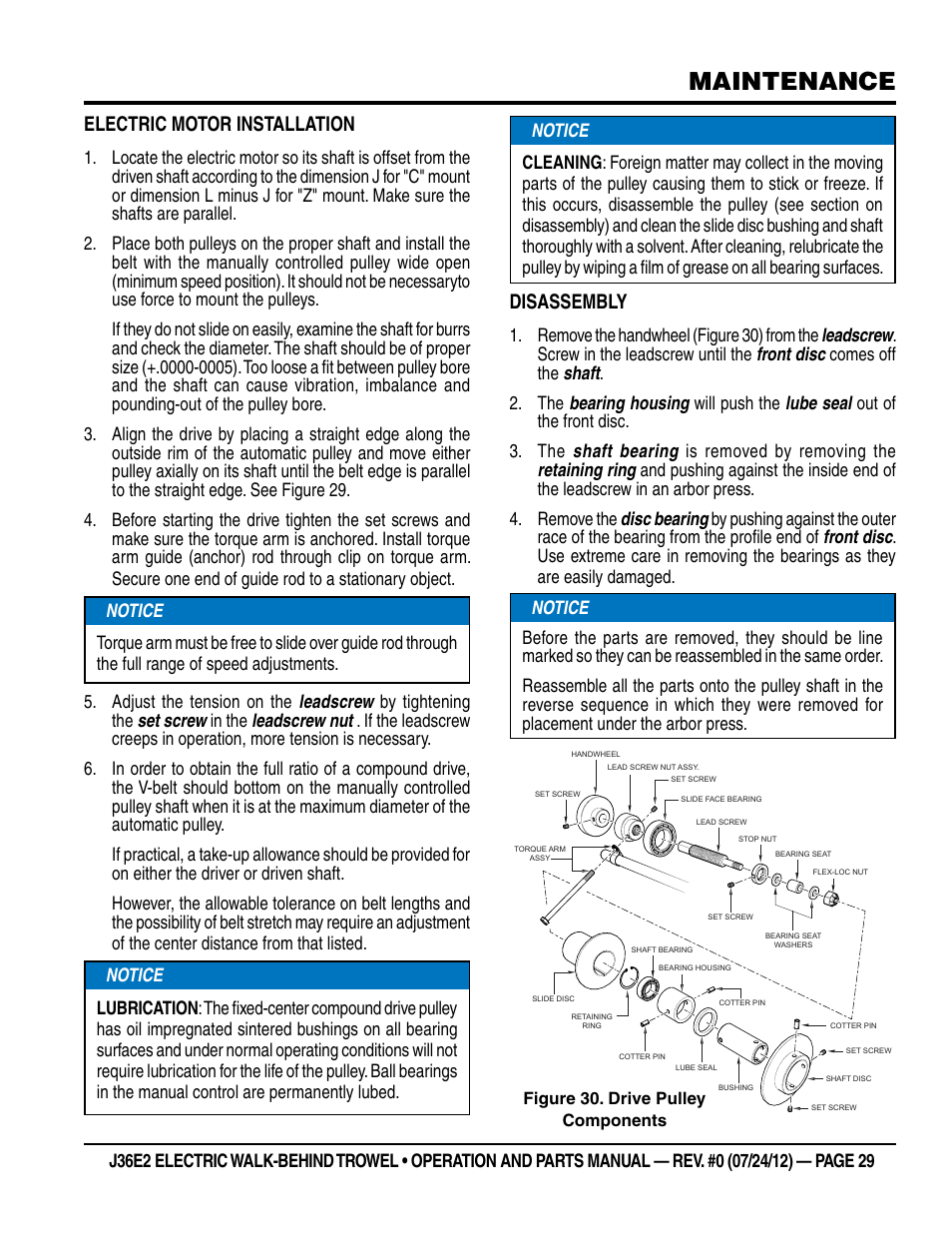 Maintenance, Electric motor installation, Disassembly | Multiquip J36E2 User Manual | Page 29 / 54