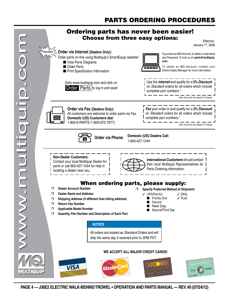 Ordering parts has never been easier, Parts ordering procedures, Choose from three easy options | When ordering parts, please supply, Order parts | Multiquip J36E2 User Manual | Page 4 / 54