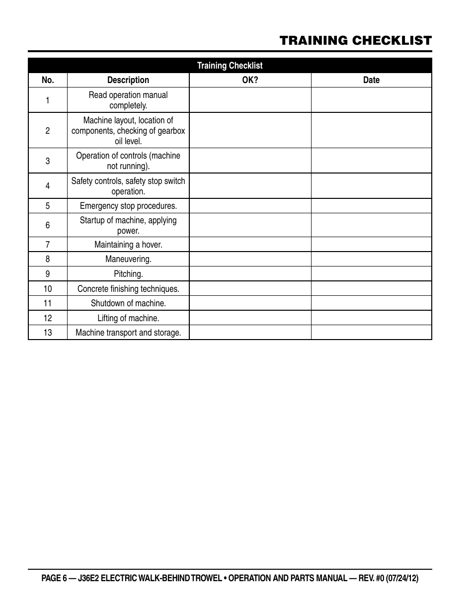 Training checklist | Multiquip J36E2 User Manual | Page 6 / 54